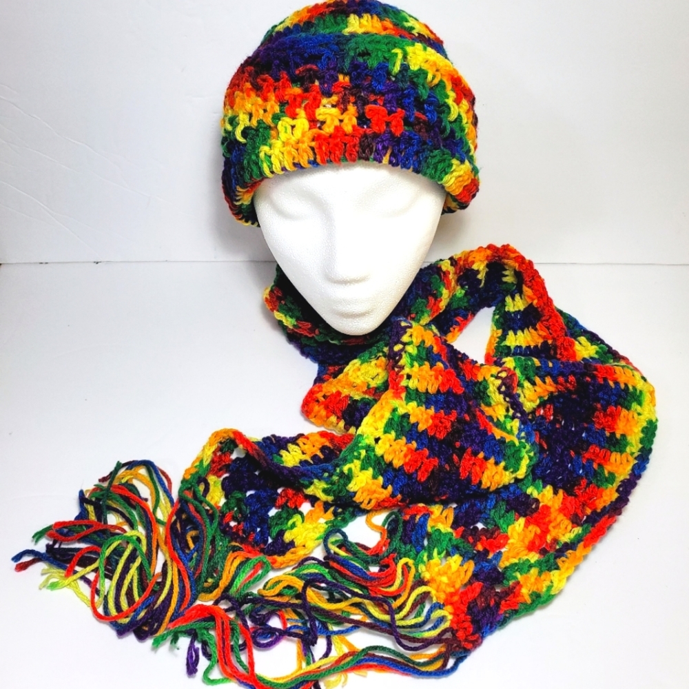 Hand Knitted Rainbow Colored Hood And Scarf